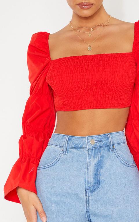 Red Ruched Long Sleeve Crop Top from ...