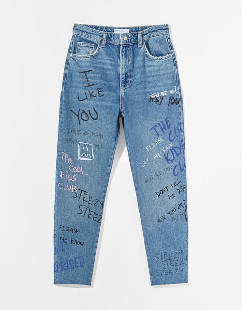 Jeans Mom Print Y Bordado