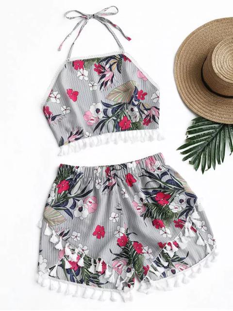 Conjunto De Pantalón Corto Con Estampado De Rayas Y Borlas De Rayas Florales