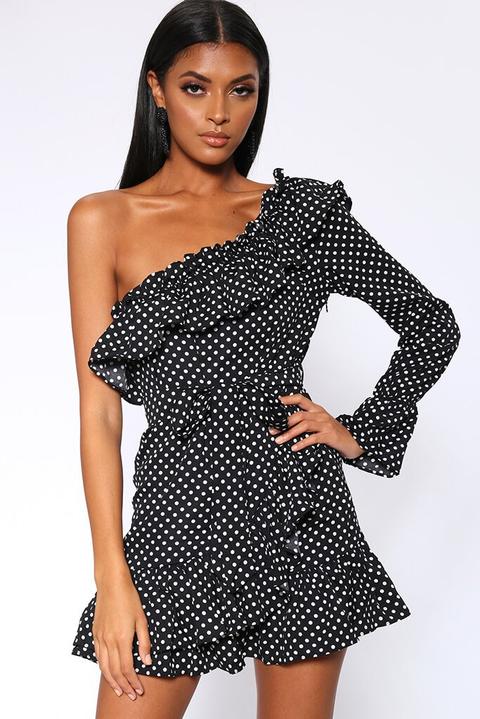 Black Polka Dot One Shoulder Tea Dress