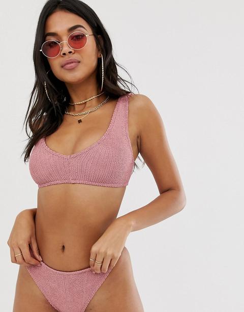 Top De Bikini En V Con Diseño Arrugado En Rosa Sombra Brillante Mix And Match De Asos Design