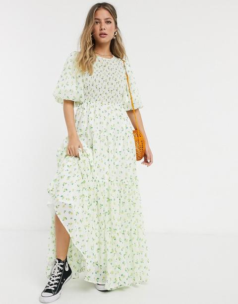 Asos Design Shirred Tiered Maxi Dress In Ditsy Floral Print-multi