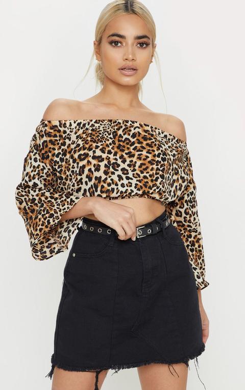 Petite Leopard Print Cropped Satin Bardot Blouse