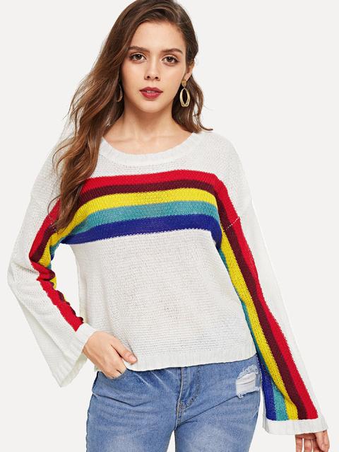 Maglione Girocollo Con Stampa Arcobaleno