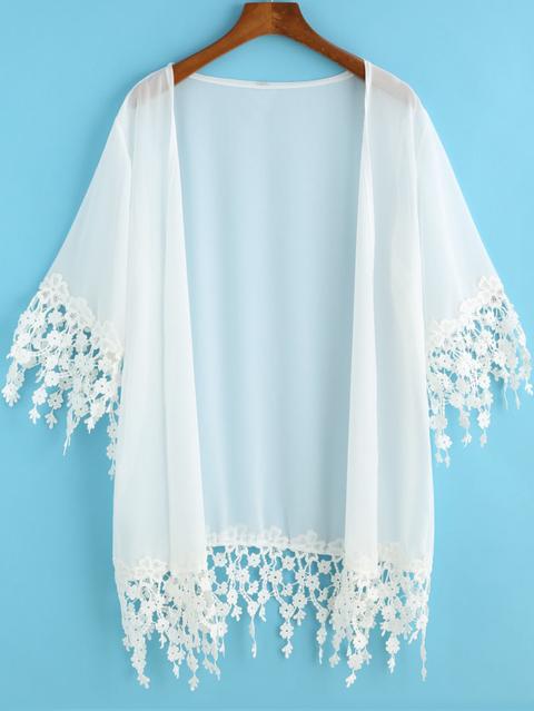 White Half Sleeve Lace Embellished Kimono