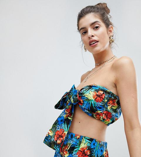 Reclaimed Vintage Inspired Tropical Print Bandeau Top With Bow Front - Multi