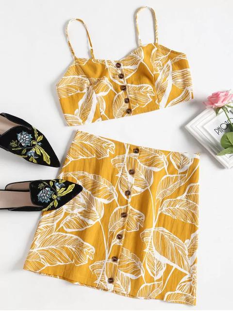 Juego De Cami Con Botones Y Estampado De Hojas