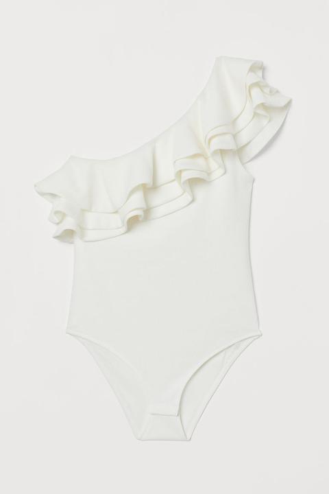 H & M - Body Monospalla Con Volant - Bianco