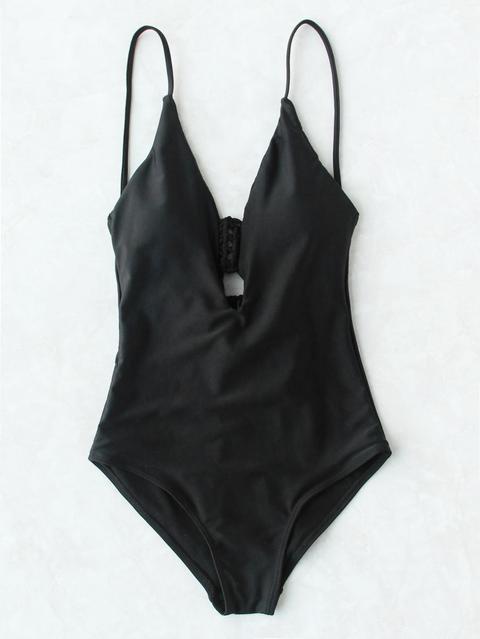 Black Plunge Neck Stappy Back One-piece Swimwear