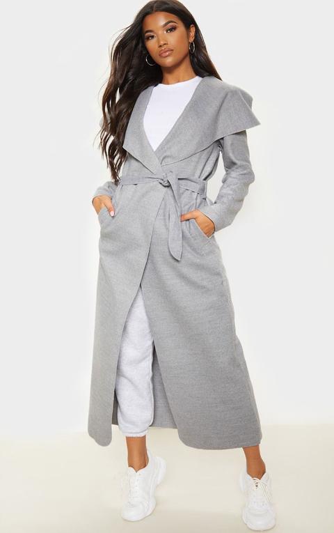 Manteau Long Oversize Effet Cascade Gris À Ceinture, Gris