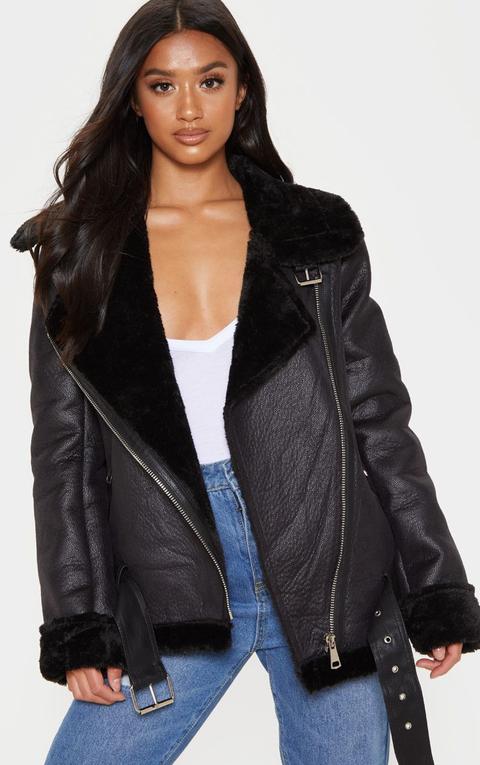 Petite Black Faux Shearing Pu Aviator