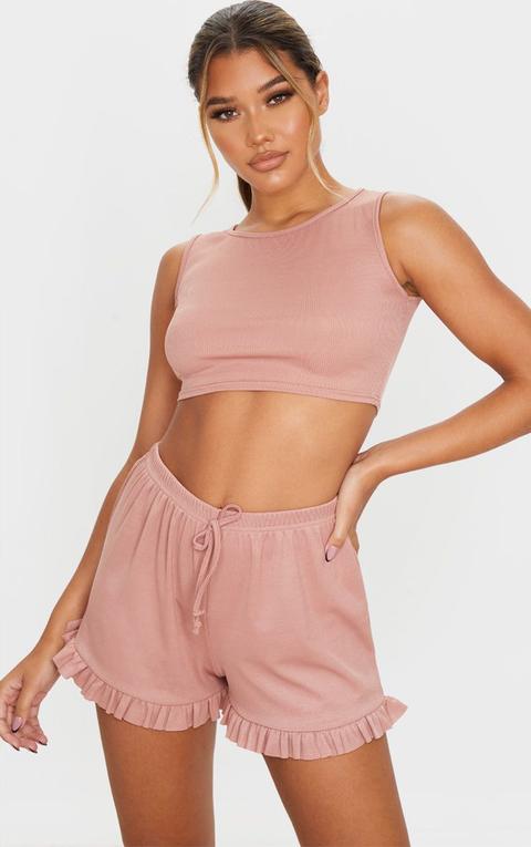 Pink Sleeveless Ribbed Frill Short Pj Set