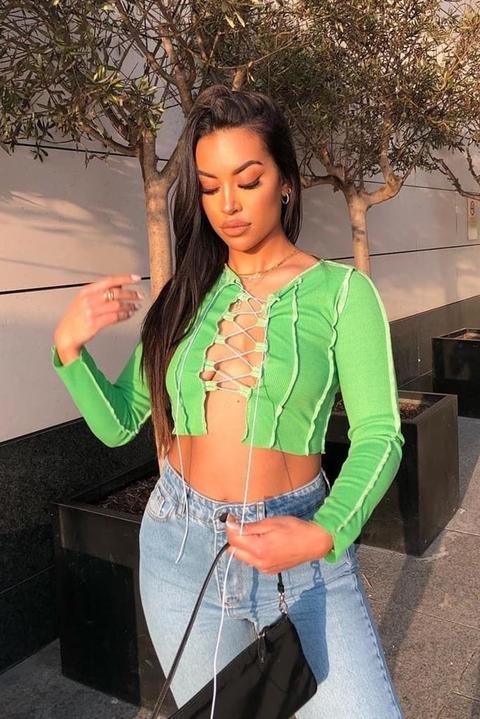 Lime Green Exposed Seam Tie Up Front Long Sleeve Crop Top