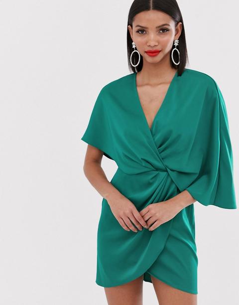 Minivestido Estilo Kimono De Satén Con Nudo Delantero Y Manga Asimétrica De Asos Design-verde