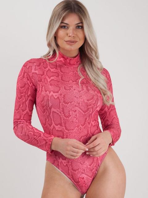 Ashley High Neck Snake Print Long Sleeve Bodysuit In Pink