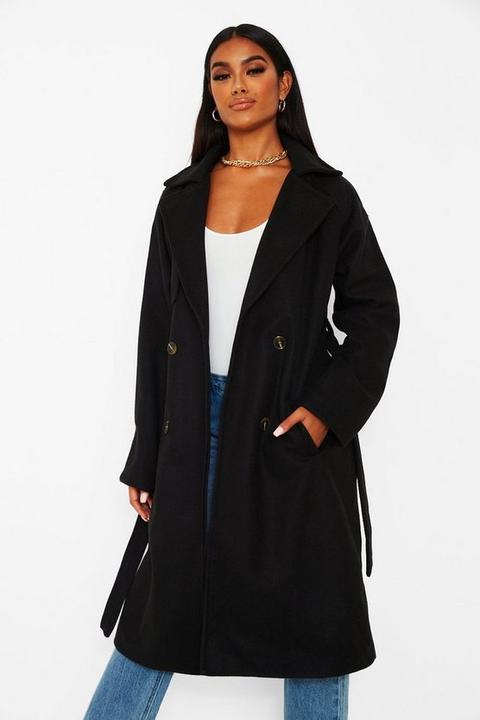Womens Wool Look Belted Trench Coat - Black - 14, Black