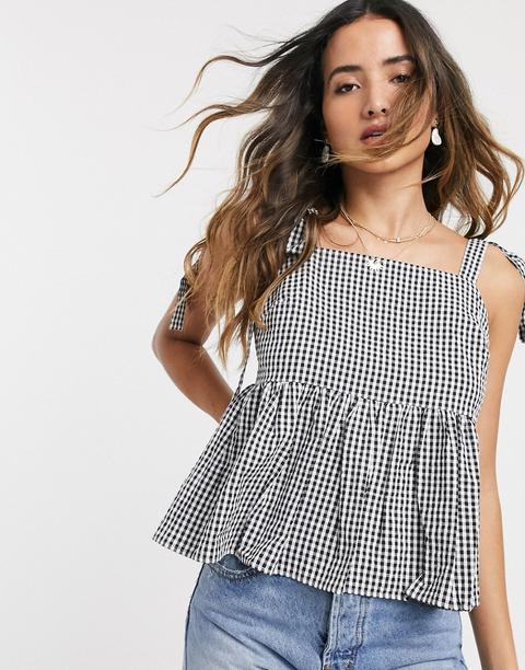 Asos Design Square Neck Smock Cami With Tie Strap Detail In Gingham Print-multi