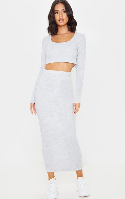 Grey Rib Crop And Skirt Set