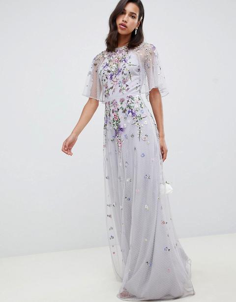 floral embroidered dobby mesh flutter sleeve maxi dress