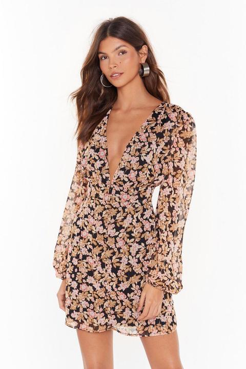 Womens Floral V Neck Fitted Mini Dress