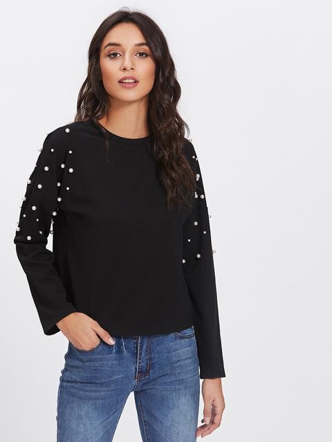 Pearl Beaded Drop Shoulder Top