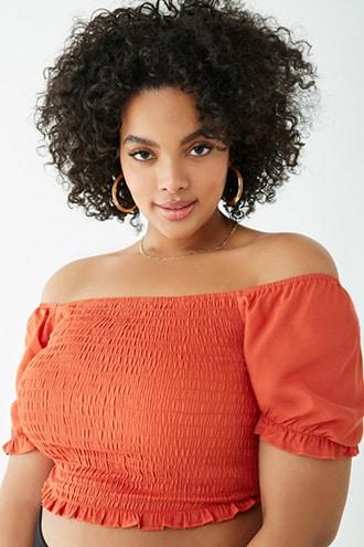 Forever 21 Plus Size Smocked Off-the-shoulder Crop Top , Rust