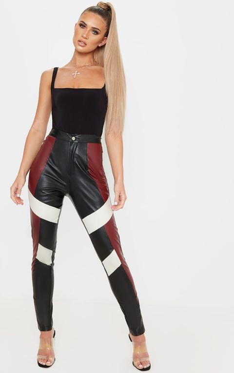 Black Faux Leather Contrast Panel Skinny Trousers