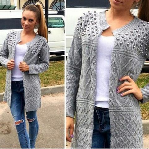 Cardigan Perline Collo Rotondo Maniche Lunghe Casuale Grigio