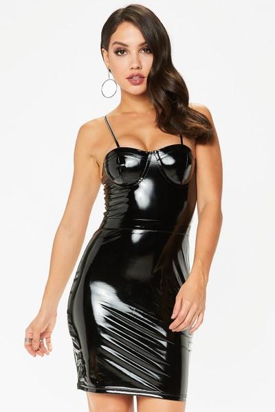 Kendra Black High Shine Vinyl Pu Bralette Dress