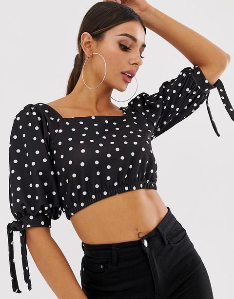 Asos Design - Top Corto Con Scollo Quadrato E Fondo Manica Con Nodo A Pois - Nero