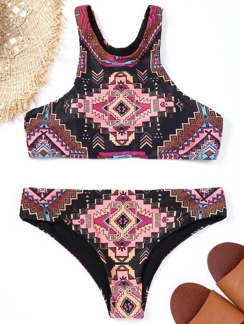 Bikini Stampa Geometrica Con Incrocio Al Collo Alto