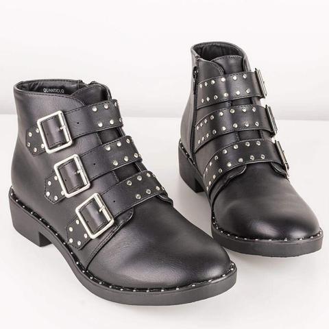 Olympe - Black Studded Buckle Ankle Boots