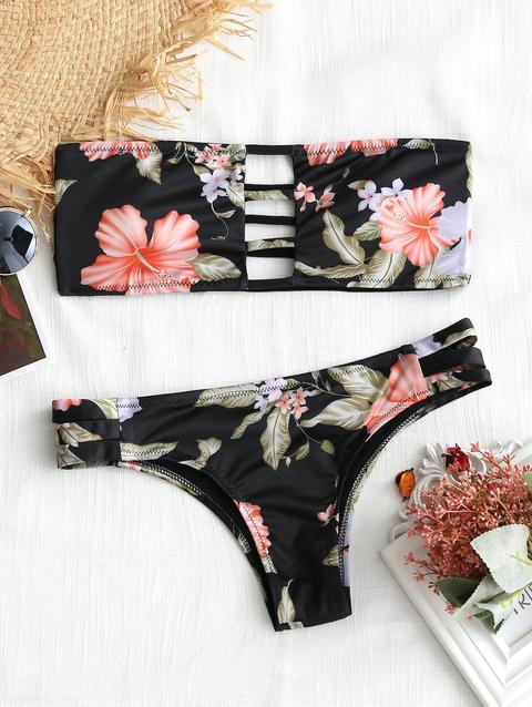 Bikini Floreale Con Taglio Trapezoidale Senza Spalline Black