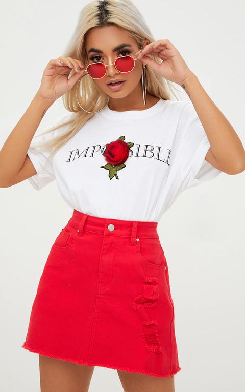 White Impossible Slogan Rose Applique T Shirt, White