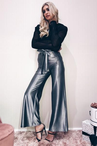 Dion Silver Metallic Wide Leg Paper Bag Trousers