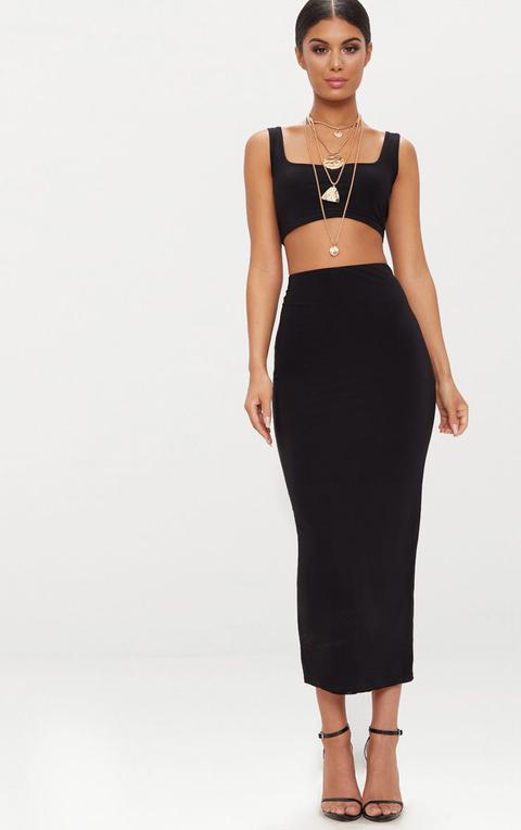 Black Second Skin Slinky Longline Midaxi Skirt