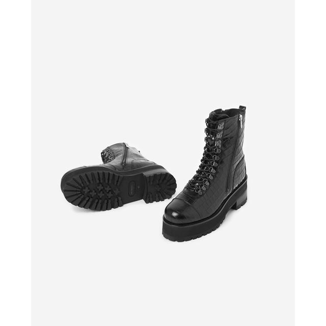 Black Leather Lace-up Boots W/ Notched 