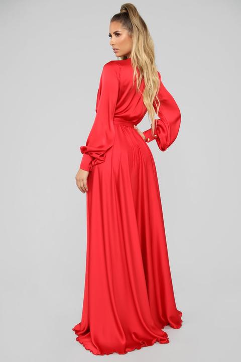 red satin floor length dress
