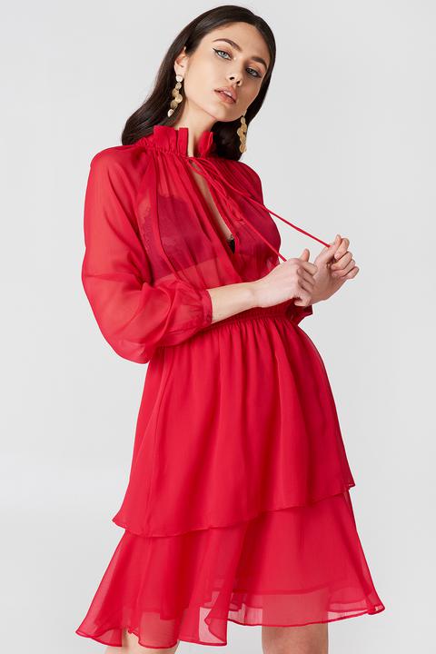 Na-kd Boho High Frill Neck Dress - Red