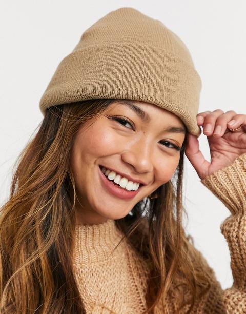 Asos Design Deep Turn Up Beanie Hat In Camel-brown