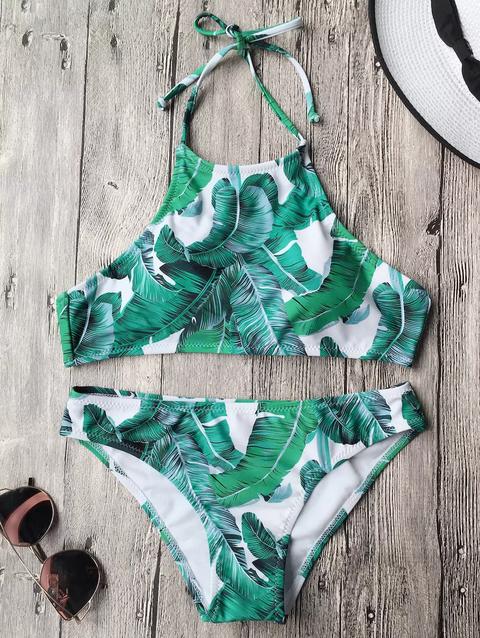 Bikini A Collo Alto Con Stampa Foglie Tropicali