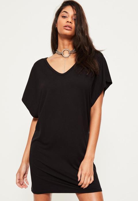 Black Oversized Wide V Neck T-shirt Dress, Black