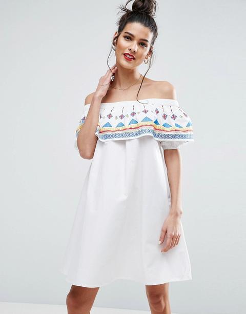 Asos - Vestito Estivo In Cotone Con Spalle Scoperte E Motivo Azteco Ricamato - Bianco
