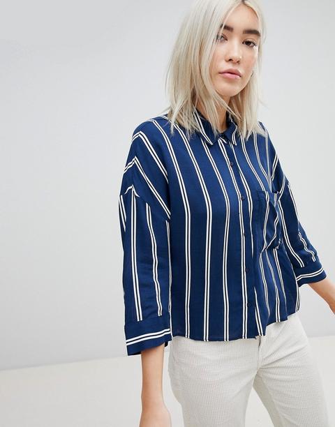 Pull&bear - Camicia A Righe Con Maniche A 3/4 - Navy