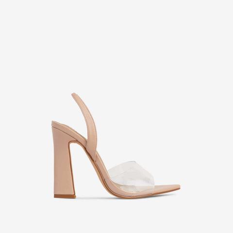 Beatrix Clear Perspex Strap Pointed Toe Sling Black Flared Block Heel In Nude Faux Leather