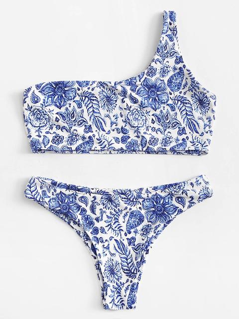 Set De Bikini Con Un Hombro Con Estampado De Porcelana