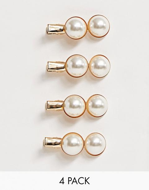 Asos Design Pack Of 4 Mini Hair Clips With Double Pearls - Gold