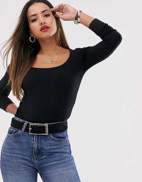 Mango Square Ribbed Long Sleeved Top In Black