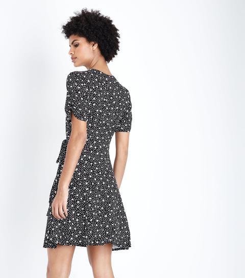 Black Ditsy Floral Wrap Dress New Look