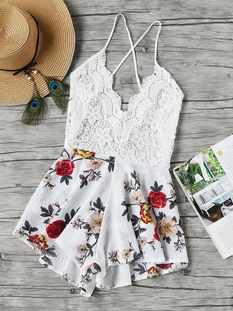 Floral Print Lace Paneled Criss Cross Backless Romper